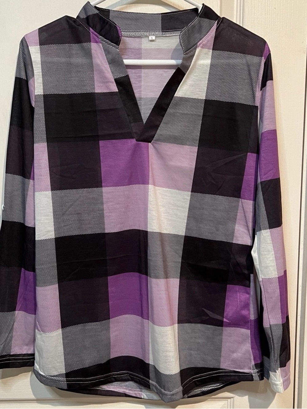 Purple and Black Plaid V-Neck Long Sleeve Top
